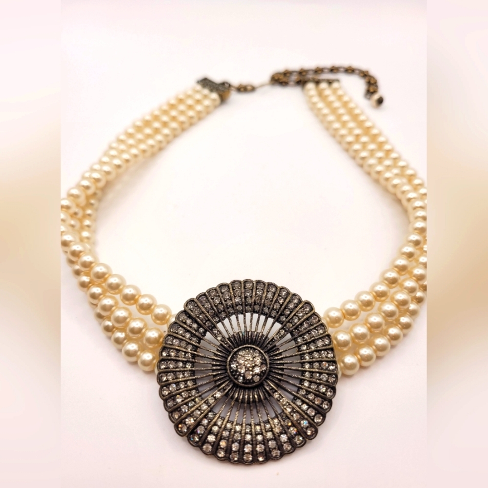 Heidi Daus Pearl Multi Strand Medallion Pendant Sparkly Stamped Necklace